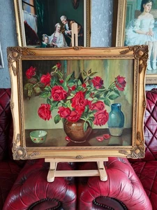 Red Roses In A Vase Still Life Oil Painting On Canvas Ready Framed - Picture 1 of 10
