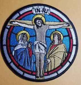 Stained Glass Jesus Nailed to Cross Patch approx 3.5" - Picture 1 of 2