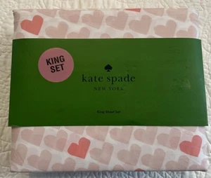 NWT Kate Spade White & Pink Hearts 100% Cotton Percale King Sheet Set (4pc) - Picture 1 of 6