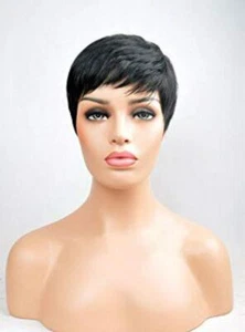 Short Pixie Cut Black Wigs Straight With Bangs Human Hair No Lace Front Natural - Picture 1 of 17