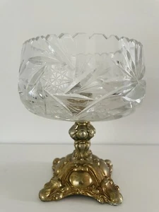 Vintage Cut Crystal Table Centerpiece Bowl On Brass Footed Pedestal Base Swivels - Picture 1 of 5