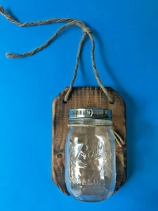 Rustic Glass BALL CANNING JAR Wood Base Rope Hanging Candle Holder Flower Vase  - Picture 1 of 7