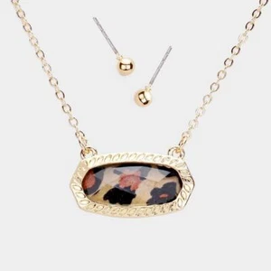 Pierced gold chain brown animal print pendant necklace set - Picture 1 of 2