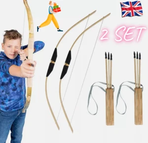 2 Set Archery Wooden Bow & Arrows Quiver Set Kids Outdoor Hunting Target Toys UK - Picture 1 of 11