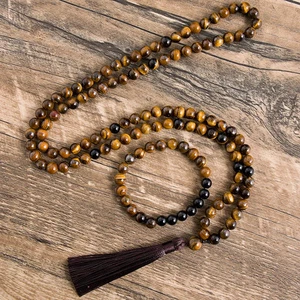 8mm Natural Yellow Tiger Eyes Black Onyx Necklace Meditation 108 Japa Mala Beads - Picture 1 of 6