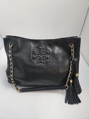 Tory Burch Black Pebbled Leather Thea Handbag, Chain Shoulder Bag - Tassles  - Image 1 of 4