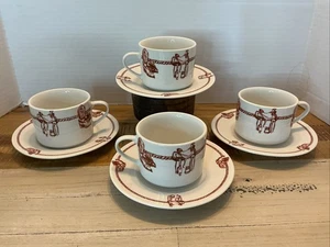 Todays Home Western Cowboy Horse Saddle Boot Set Of 4 Cups and Saucers Very Good - Picture 1 of 8