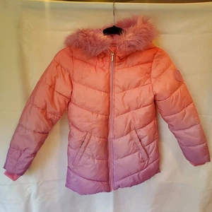 Juicy Couture Kids Pink Ombre Puffer Jacket Size 7/8 Faux Fur Hood Winter Coat - Picture 1 of 10