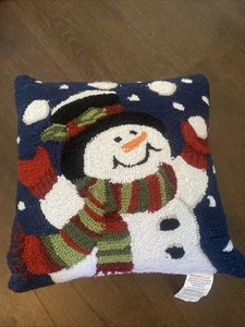 SNOWMAN WITH MITTENS Wool Hooked Pillow 18x18 - Picture 1 of 5