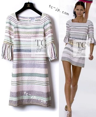 Vestido Chanel 07S Multicolor Borde Cadena CC Dije Algodón Lana 34 36 40 US2 4 6 Foto 1 de 4