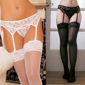 Women Black Sexy Lace Bowknot Garters Stocking Suspender Belt Babydoll Lingerie - Picture 1 of 25