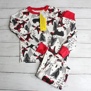 Place Boy's Pajama Set Size 4 4T Snug Fit Buffalo Plaid Red Black Moose 2 Piece - Picture 1 of 5