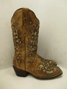 RDR Womens Brown Leather Sparkle Inlay Studded Cowboy Boots Size 24.5 Mex - Picture 1 of 17