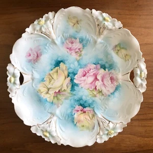 Antique RS Prussia Porcelain Pink & Yellow Roses Blue Background 10.5 Cake Plate - Picture 1 of 5