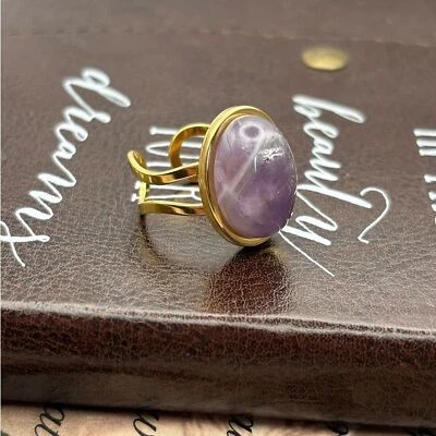 Anillo ajustable de acero inoxidable con piedras preciosas de cuarzo ágata púrpura claro costero Foto 1 de 4