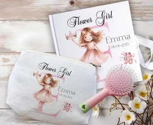 Personalisierte Schminktasche Blumenmädchen, Buch, rosa Ballonmotiv Hochzeitsgeschenk - Bild 1 von 2