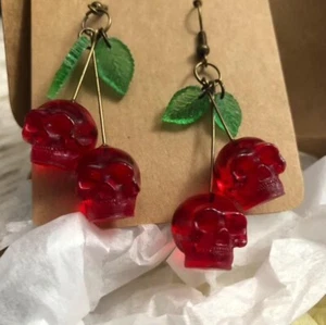 Red Skull Cherry Earrings Halloween Earrings Funky Spooky Quirky Earrings