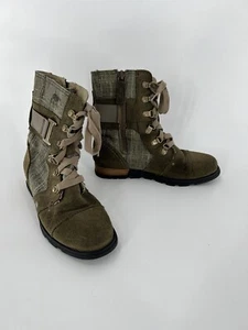 Sorel Womens Major Carly Boots 5.5 Green Logo Canvas Suede Zip Up Lace Up Combat - Picture 1 of 10