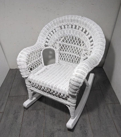 Vintage Boho Chic White Peacock Wicker Child/Doll/Mini Rocking Chair Cover