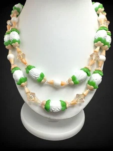 Vintage Celluloid Glass Pink Green White Necklace Multistrand Flower Clasp - Picture 1 of 9