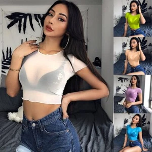 Girls Women Sexy Mesh See Through Cropped Short Sleeve Tops Round Neck - Picture 1 of 41