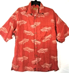 Caribbean Pineapple Men's Size Large Vintage Antique Cars Silk Orange Shirt - Picture 1 of 8