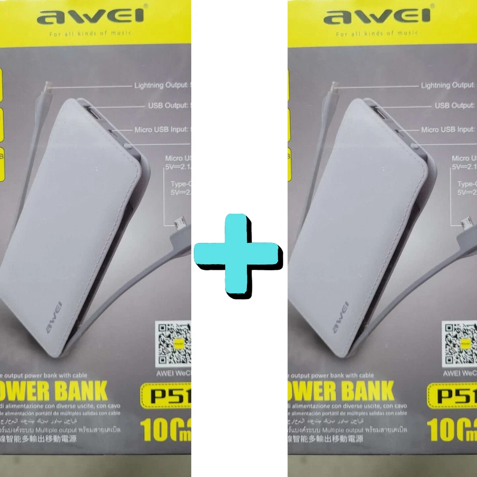 Banco de alimentación de carga rápida de 10000 mAh con micro cable tipo C para trabajo-BLANCO X 2 Foto 1 de 1