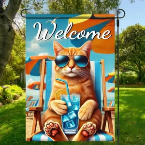 Hello Summer Strand orange Katze Garten Flagge 12 x 18 Zoll doppelseitig Sommer Küste - Bild 1 von 2