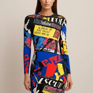 Mod Damen Kleid geometrisch mehrfarbig Zeitungsdruck hinten Reißverschluss Gr. L - Bild 1 von 8