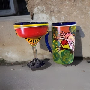 Set 2 Bicchieri Messicani Soffiati a Mano Dipinti a Mano e Bicchiere Margarita - Foto 1 di 6