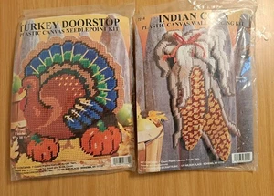 2 New Design Works Fall Plastic Canvas Kits Turkey Door Stop Indian Corn Hanger - Picture 1 of 11