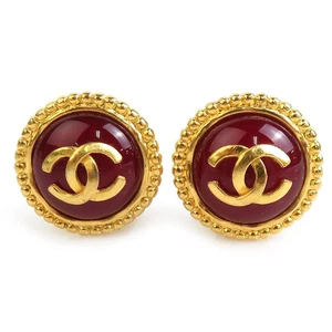 Auth CHANEL Vintage CC Logo Clip on Earrings Gold/Dark Red Metal/Stone - e59224f - Picture 1 of 8