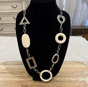Vintage Silver Tone White Geometric Long Statement Necklace - Picture 1 of 4
