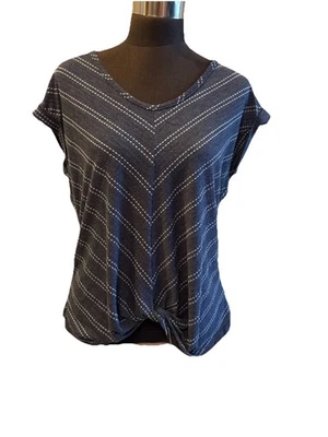 Top mujer Coin 1804 torcido frontal cuello en V azul blanco rayas manga gorra talla L Foto 1 de 4