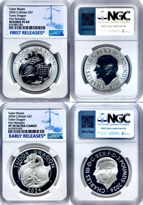 Coppia 2024 Carlo III Argento Proof Drago Tudor 1 oz NGC PF69 Reverse PF70 UCam - Foto 1 di 5