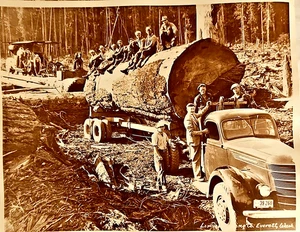 Lervick Logging Co. Everett, WA. Foto camión de colección tripulación tronco gigante 1940 blanco y negro PNW - Imagen 1 de 2