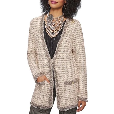 Isaac Mizrahi Live Fringe Trim Tweed Jacket Metallic Camel Medium Classy NEW - Image 1 of 4