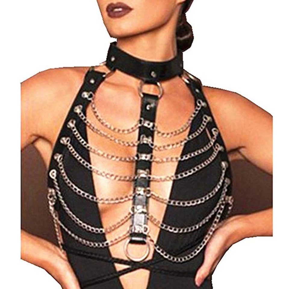 Sexy Imitation PU Leather Choker Punk Gothic Body Suit Metal Chain Costume Foto 1 de 4