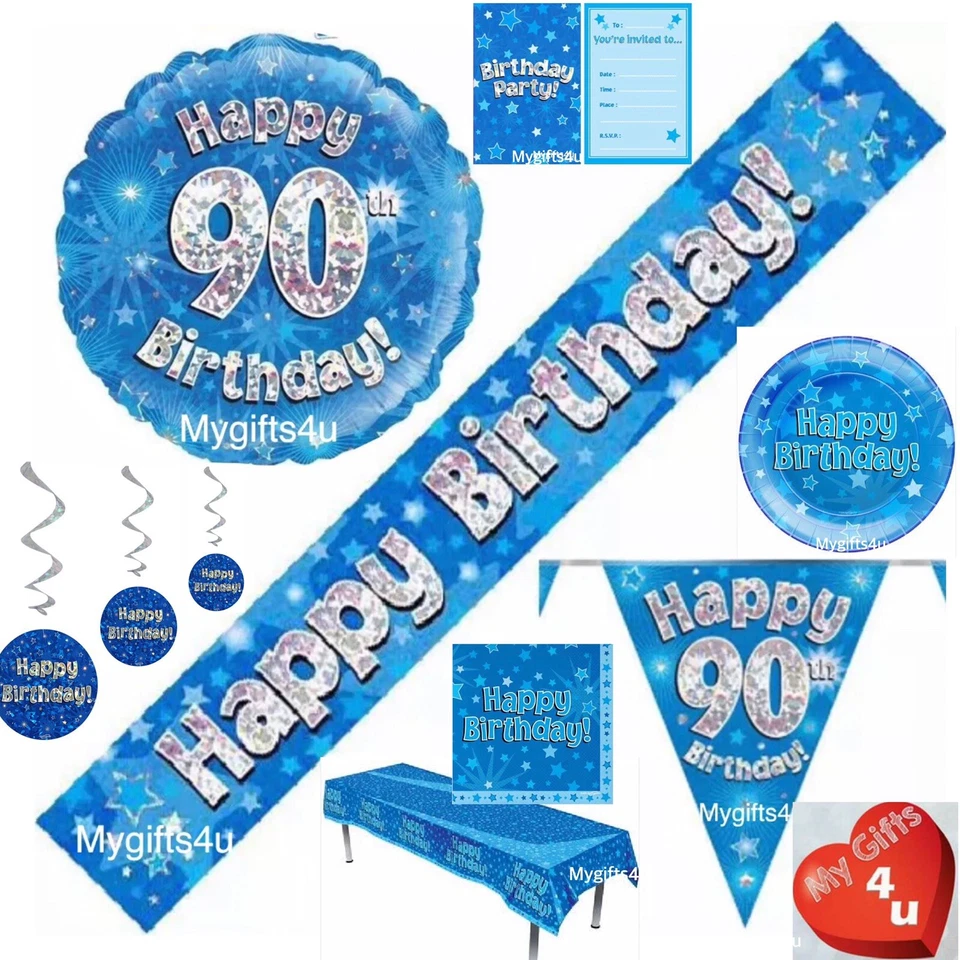 Blue 90th & Happy Birthday Party Decorations Bunting Balloon Banners swirls Age
