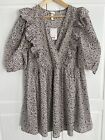 H&M Ladies Dress Tunic Size M Ditsy Flowers Frill Short Wrap Puff Sleeves New!