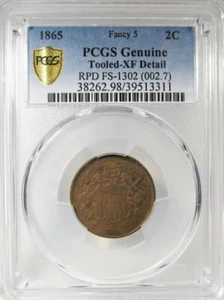 1865 Fancy 5 Two Cents Coin PCGS XF Detail RPD Certified AK281 - Picture 1 of 4