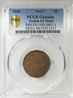 1865 Fancy 5 Two Cents Coin PCGS XF Detail RPD Certified AK281 - Image 1 of 4