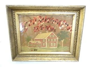 Antique Old Wood Frame God Bless our Home Embroidery Landscape Handmade Folk Art - Picture 1 of 12