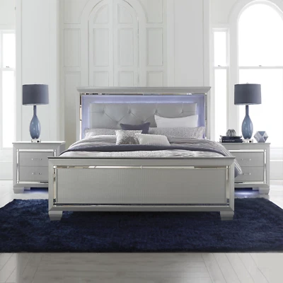 NEW Silver LED Light 3PC Queen or King Modern Bedroom Set - Bed & 2 Nightstands - Image 1 of 4