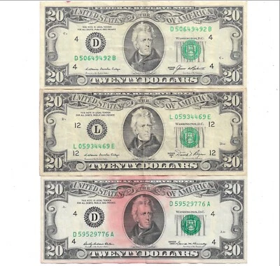 (3) Vintage! USA $20 Twenty Dollar Bills Circulated FRN 1985, 1981-A, 1969!! - Image 1 of 2