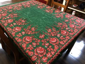 Bold Green & Red Floral Vintage Linen 50x62" Tablecloth - READ (RF948) - Imagen 1 de 8