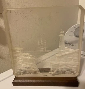 UNIQUE ARTIST SIGNED RONALD FOX 1976 ACRYLIC ART LUCITE BLOCK LIGHTHOUSE BOAT - Picture 1 of 12