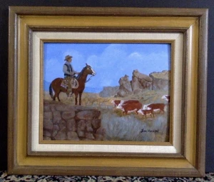 Jim Hahn western artist Framed Oil Painting Cowboy on Horse with Cattle - Picture 1 of 8