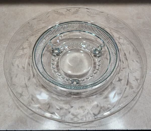 Vintage Paden City Fuß geätzt Glas Konsole Schale Blatt & Stern Muster Perlen - Bild 1 von 8