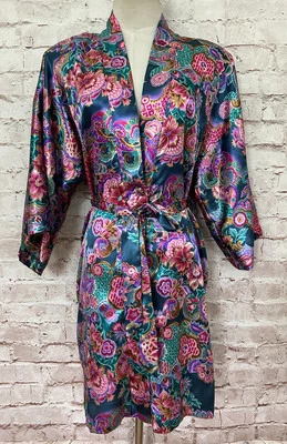 Винтажный халат калифорнийской династии женщин средний цветочный короткий атласный гламурный сексуальный - Изображение 1 из 4